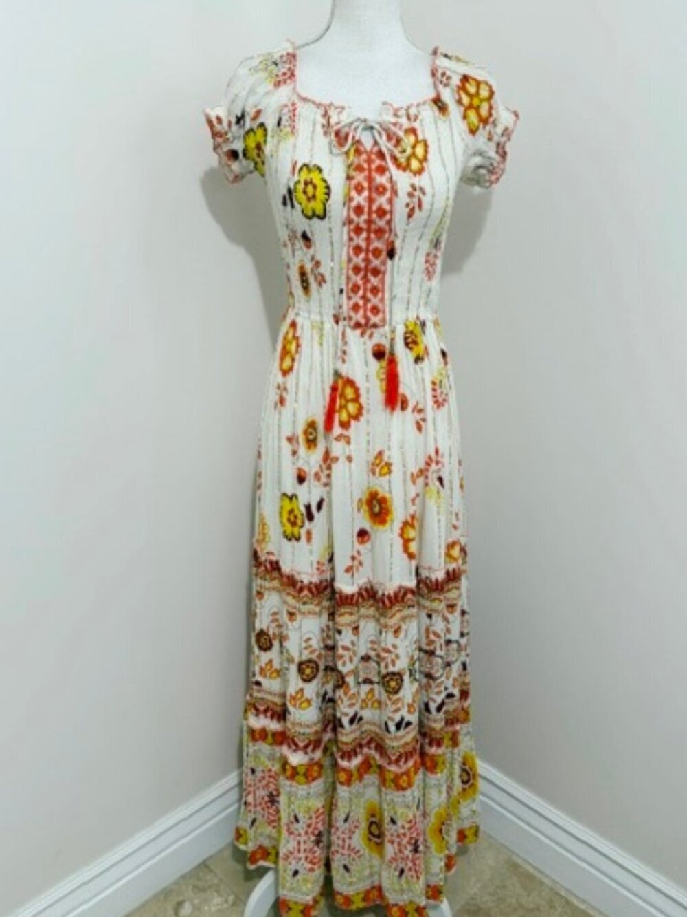 Me 2 Magic Yellow Orange Floral Smocked Boho Maxi Dress Women's Size S NWT